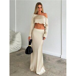 Off-Shoulder Crop Top And Satin Mermaid Skirt Set